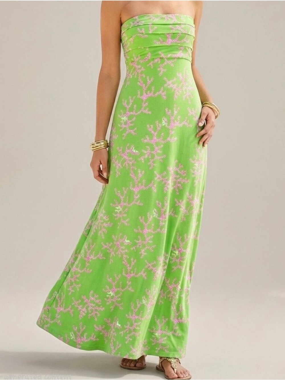Lilly Pulitzer Size L Petula Strapless Maxi Dress Green Coral‎ Me Crazy Resort